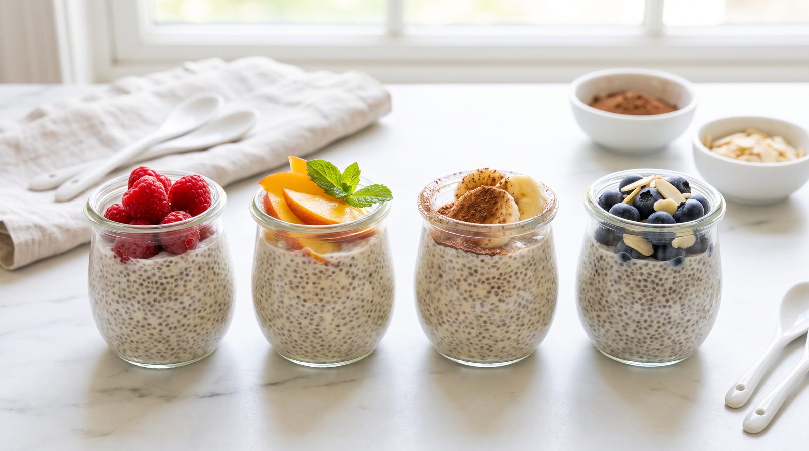 Four glass jars of set chia pudding topped with raspberries, peaches, cocoa and banana, and blueberries with almonds