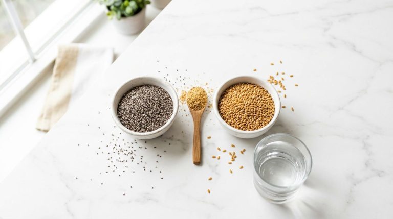 Bowls of chia seeds and whole flaxseed with a spoon of ground flax on a white marble counter