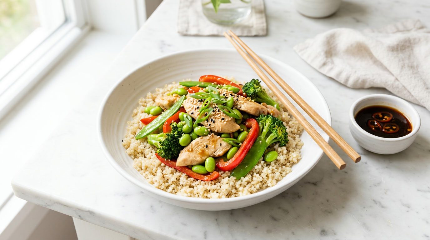 Bowl of chicken, edamame, snow pea, broccoli and red pepper stir fry over quinoa with chopsticks