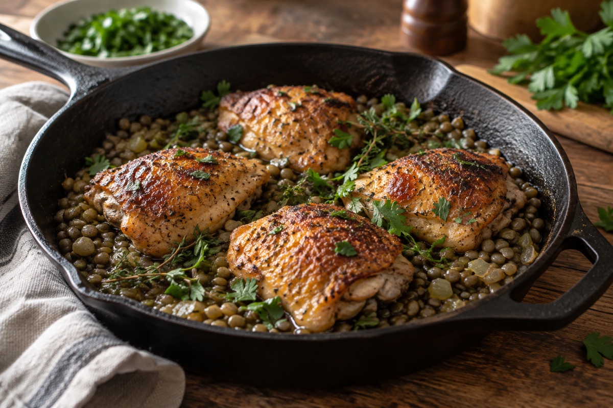 Chicken thighs on green lentils in a skillet