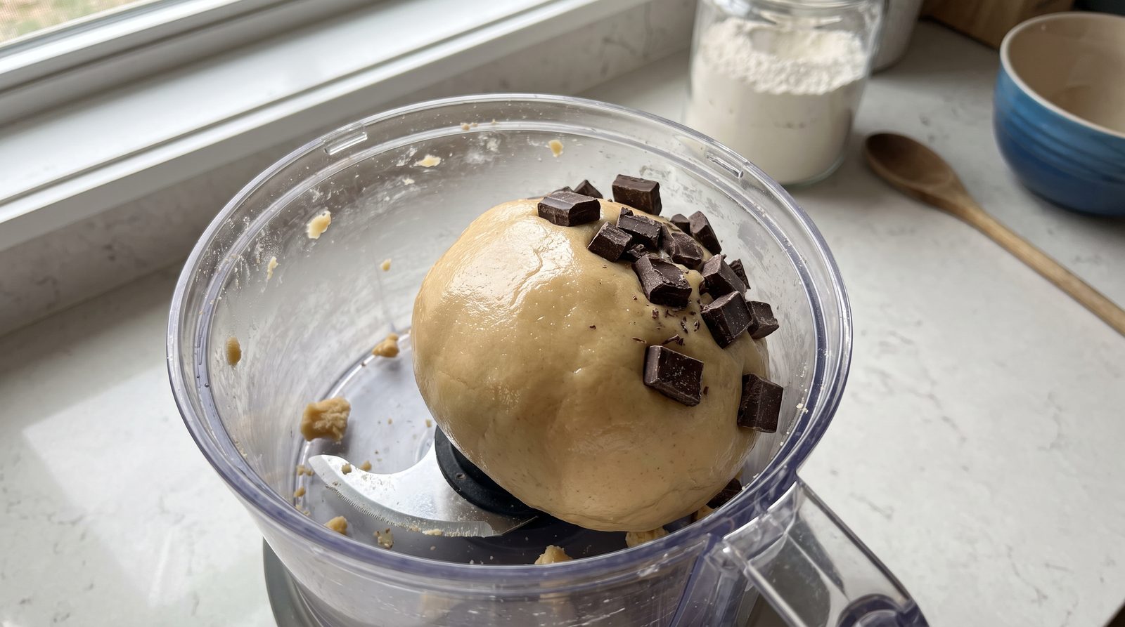 Smooth glossy chickpea cookie dough in a food processor bowl after full blending