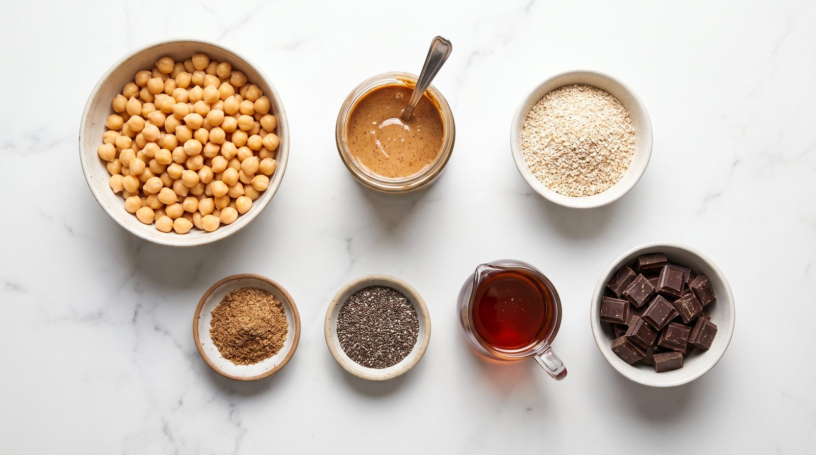 Ingredients for flourless chickpea chocolate chip cookies: drained chickpeas, almond butter, oat bran, ground flaxseed, chia seeds, maple syrup and dark chocolate chips