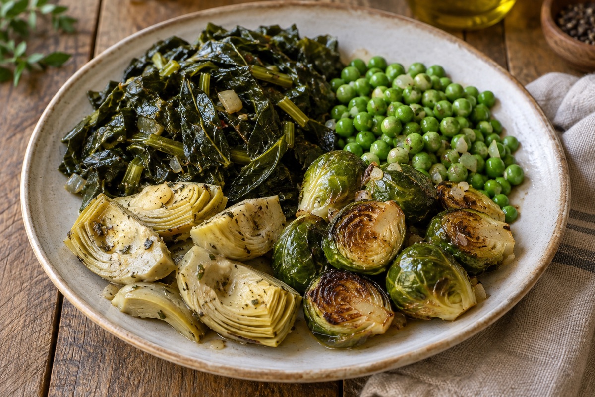 Collard greens, peas, artichoke hearts and Brussels sprouts