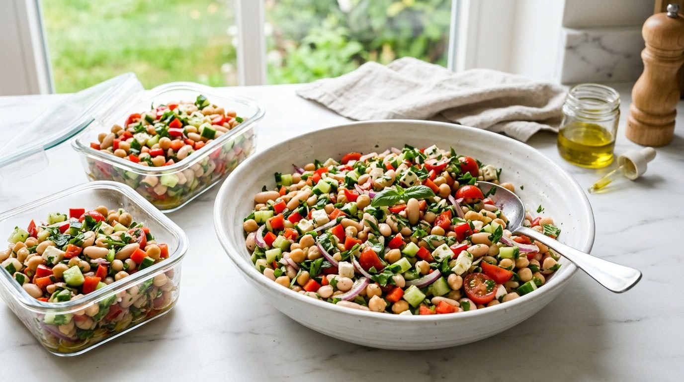 A large bowl of dense bean salad beside two glass meal prep containers filled with the same salad