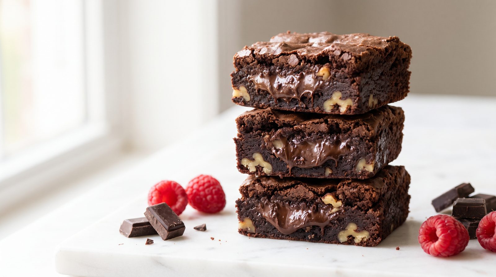 A stack of three fudgy dark chocolate brownies on white marble with raspberries and chocolate chunks