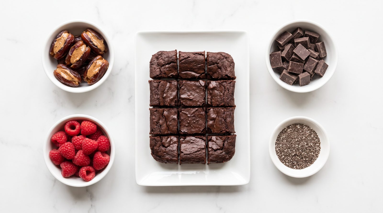 High fiber dessert ingredients on white marble: fudgy brownies, medjool dates stuffed with almond butter, raspberries, dark chocolate chunks and chia seeds