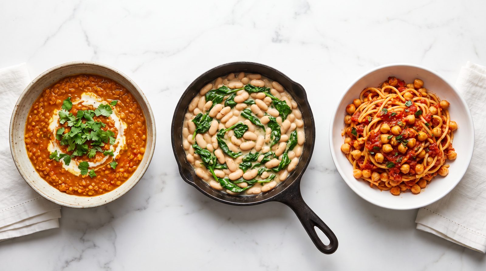 Three high fiber dinners on white marble: red lentil dal, a skillet of white beans with spinach, and chickpea pasta in tomato sauce