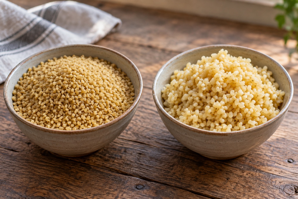 Dry bulgur beside cooked bulgur