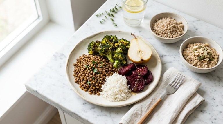 Plate of lentils, white rice, roasted broccoli, beets and a pear