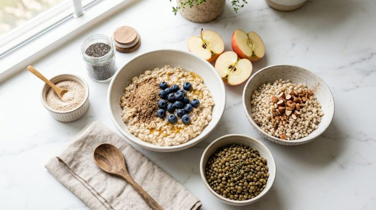 Oatmeal with ground flax and blueberries, cooked lentils, pearl barley and halved apples on a white marble counter