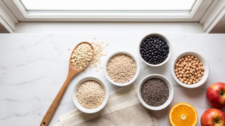 Bowls of rolled oats, oat bran, pearl barley, black beans, chickpeas and chia seeds on a white marble counter