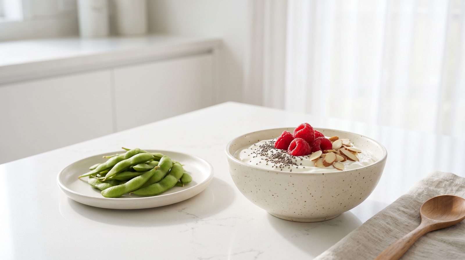 Greek yogurt topped with raspberries, chia seeds and almonds beside a small plate of edamame