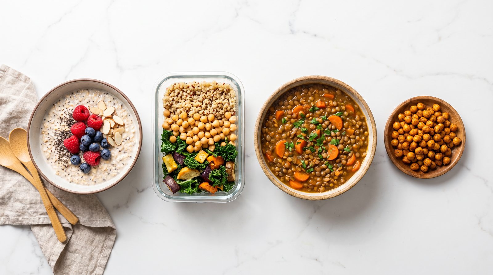 A full day of high fiber eating: overnight oats with berries, a packed grain and chickpea lunch bowl, lentil stew and roasted chickpeas