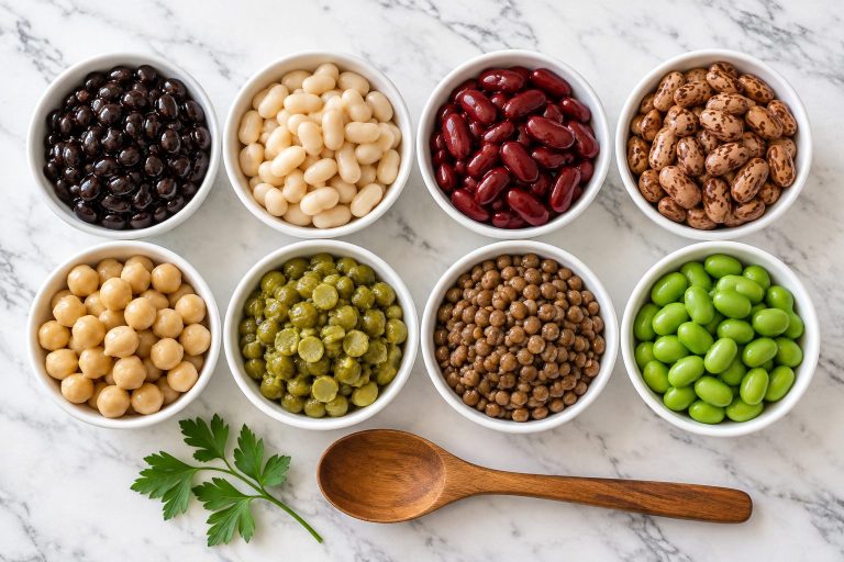 Eight white bowls of cooked beans: black, navy, kidney, pinto, chickpeas, split peas, lentils and edamame on a marble counter