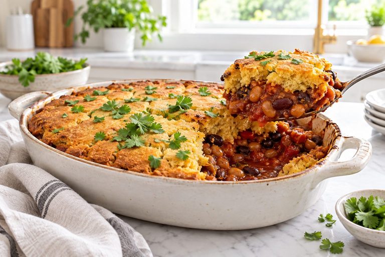 A baking dish of three-bean cornbread casserole with a golden cornbread topping cracked open over a tomato and bean filling