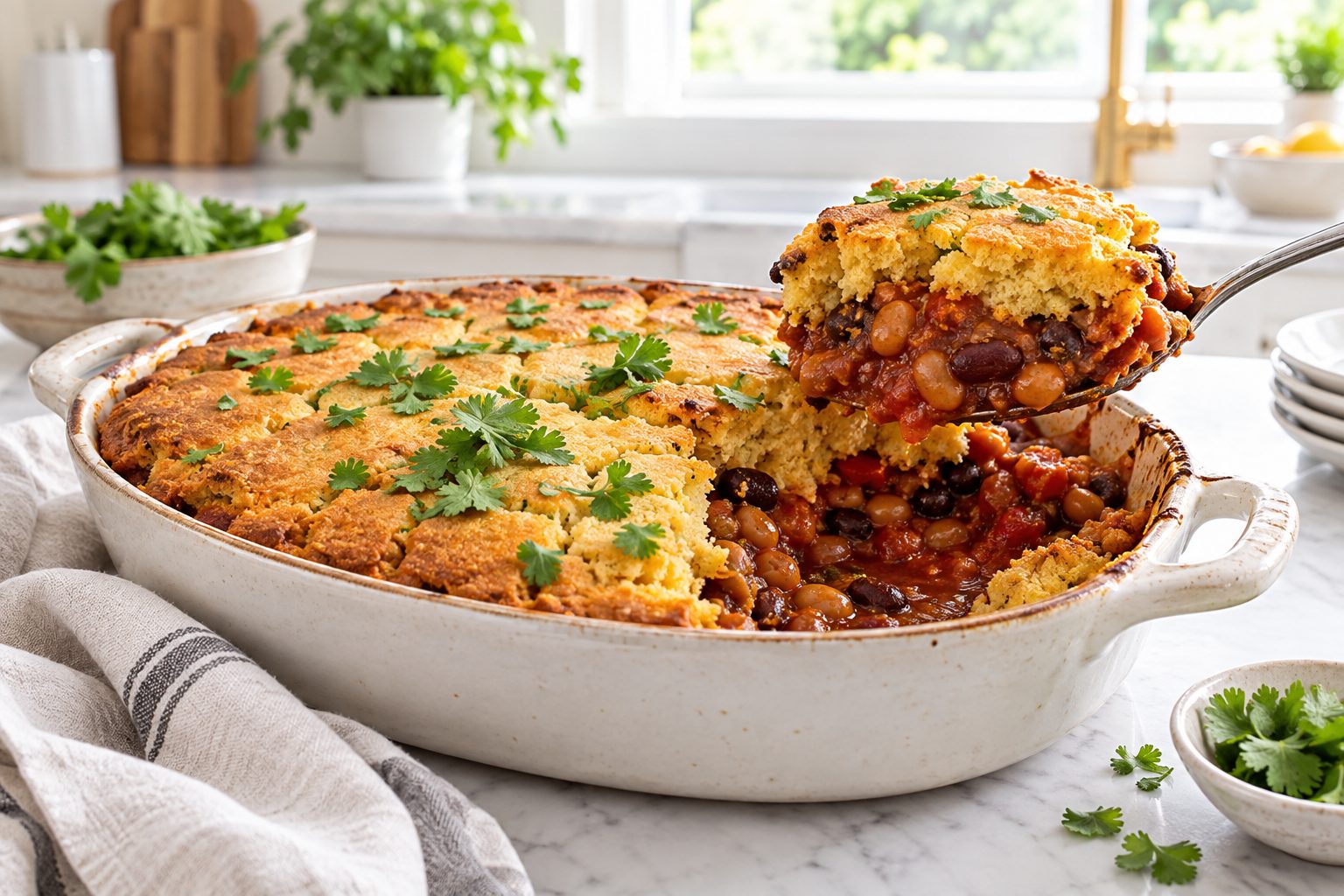 A baking dish of three-bean cornbread casserole with a golden cornbread topping cracked open over a tomato and bean filling