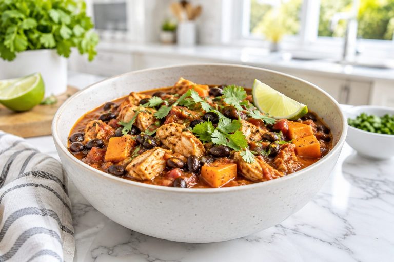 A bowl of chicken, black bean and sweet potato chili with lime and fresh coriander on a white marble counter