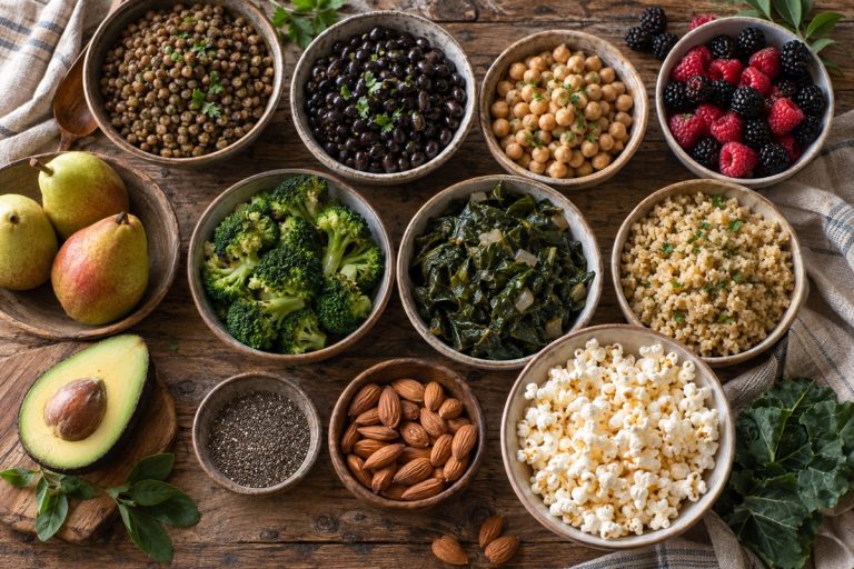 Spread of high-fiber foods: lentils, black beans, chickpeas, berries, avocado, pears, broccoli, chia and almonds