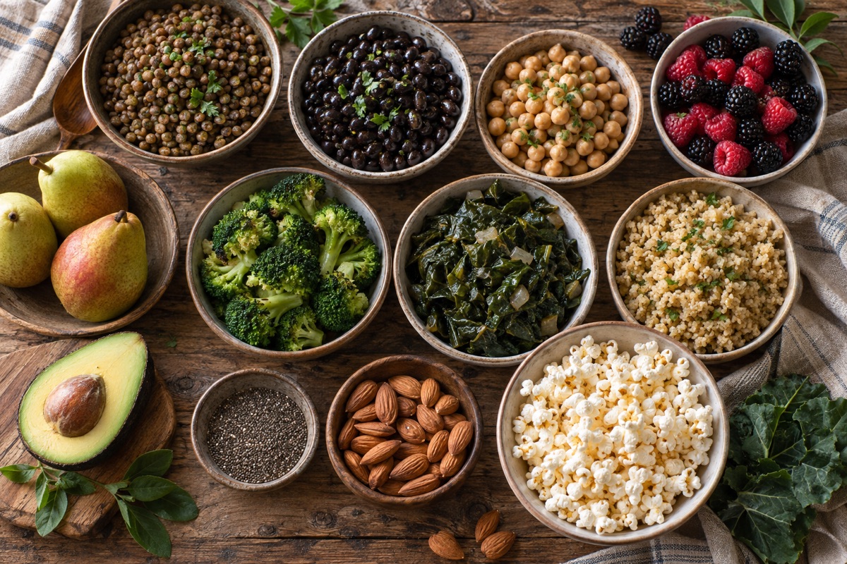 Spread of high-fiber foods: lentils, black beans, chickpeas, berries, avocado, pears, broccoli, chia and almonds