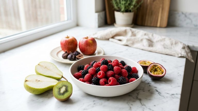 A bowl of raspberries and blackberries with a halved pear, kiwifruit, passion fruit, apples and dried figs on a marble counter