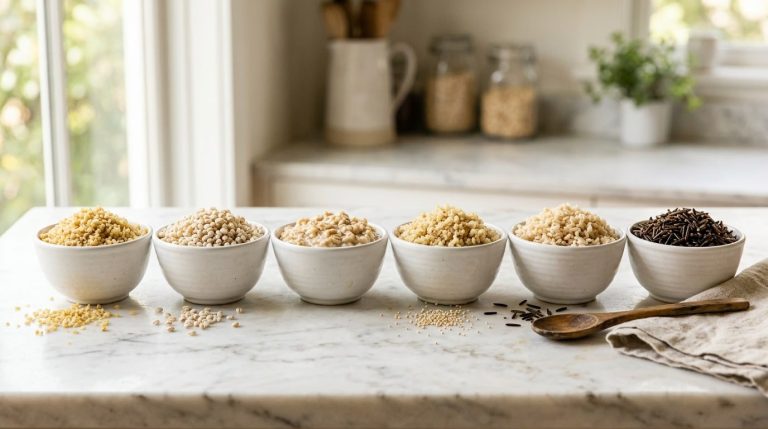 Six white bowls of cooked grains in a row: bulgur, pearl barley, oatmeal, quinoa, brown rice and wild rice on a marble counter