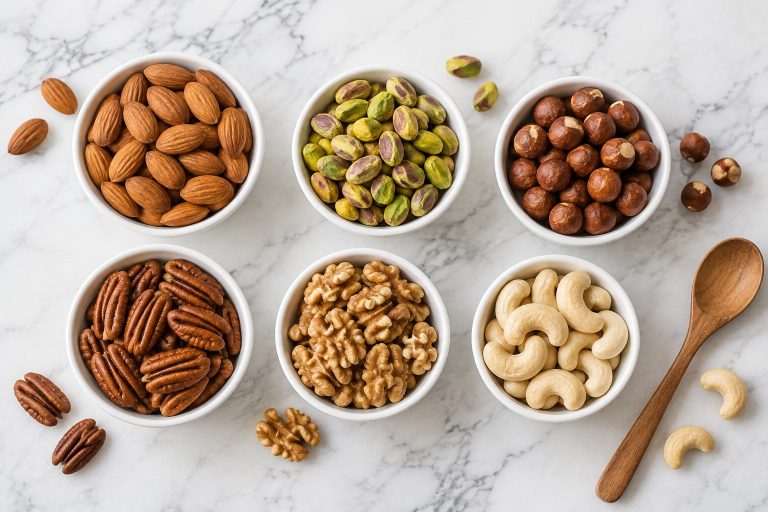 Six white bowls of nuts on a marble counter: almonds, pistachios, hazelnuts, pecans, walnuts and cashews