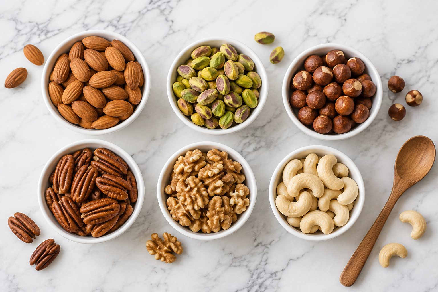 Six white bowls of nuts on a marble counter: almonds, pistachios, hazelnuts, pecans, walnuts and cashews