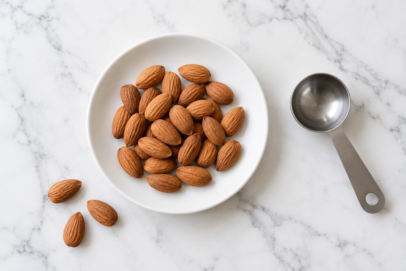 A small white plate of whole almonds beside a measuring spoon on a marble counter