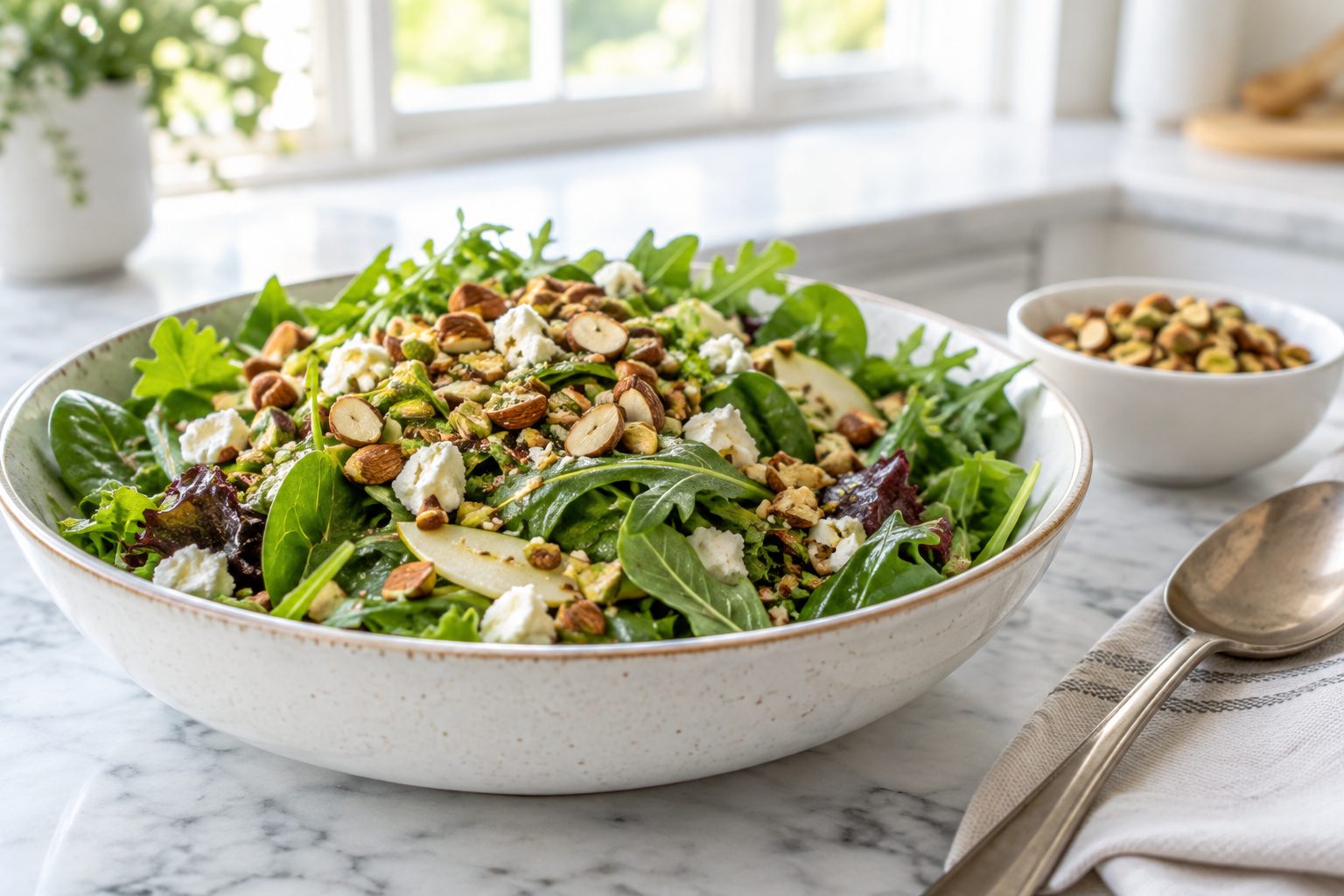 A green salad topped with chopped almonds and pistachios, with a bowl of extra nuts beside it