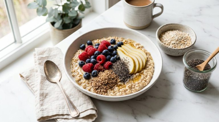 Bowl of cooked oatmeal topped with raspberries, blueberries, chia seeds, ground flaxseed and sliced pear on a white marble counter