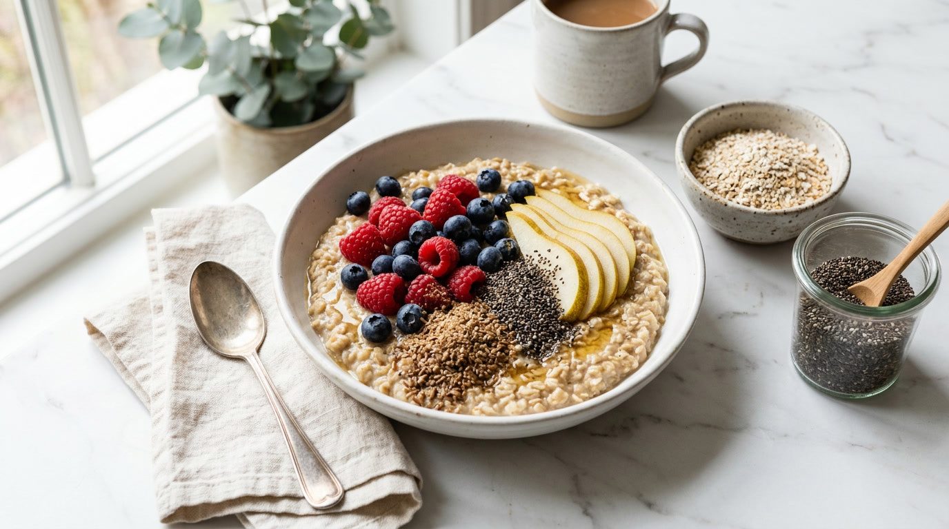 Bowl of cooked oatmeal topped with raspberries, blueberries, chia seeds, ground flaxseed and sliced pear on a white marble counter