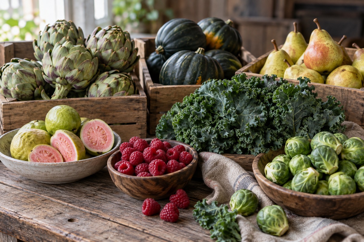 High-fiber produce: artichokes, acorn squash, pears, guava, raspberries, kale and Brussels sprouts