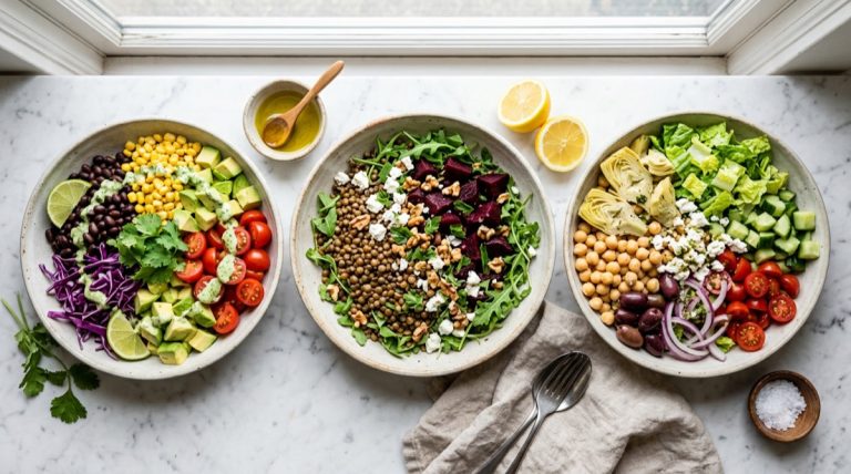 Three high-fiber salads: black bean and avocado, lentil and beet, chickpea and artichoke