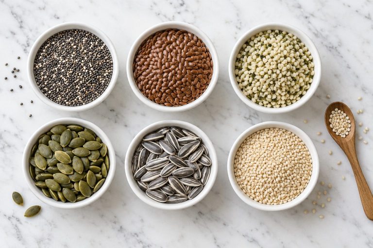 Six white bowls of seeds on a marble counter: chia, flaxseed, hemp hearts, pumpkin seeds, sunflower seeds and sesame