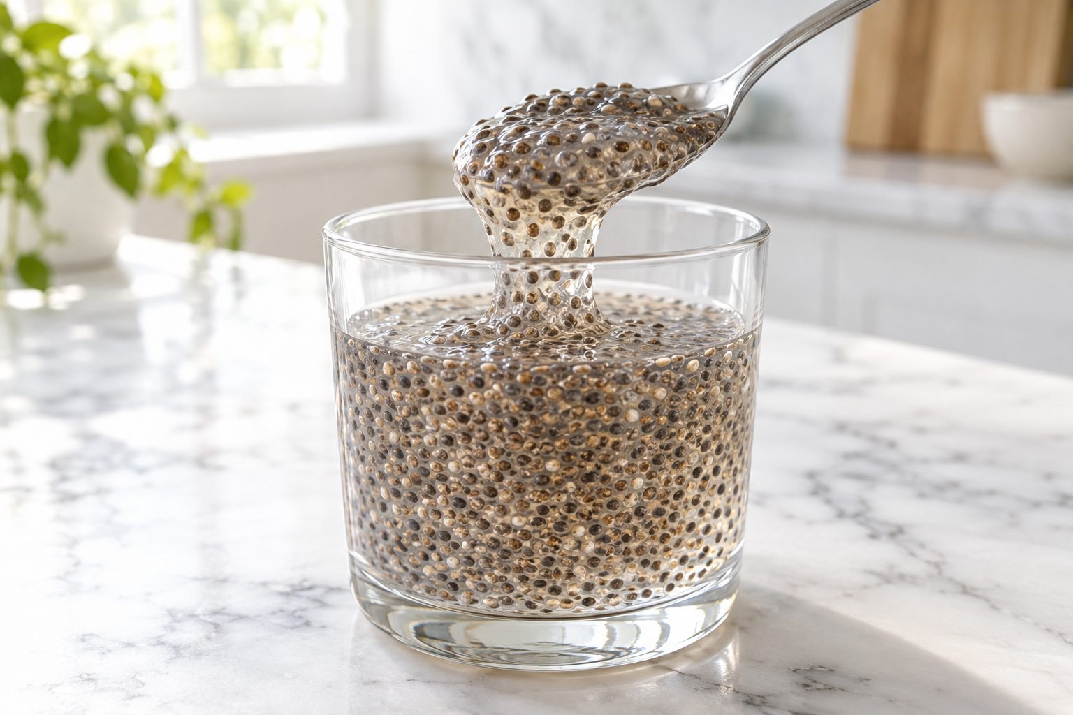 Chia seeds swollen into a thick gel in a glass of water, with a spoonful lifted from the top