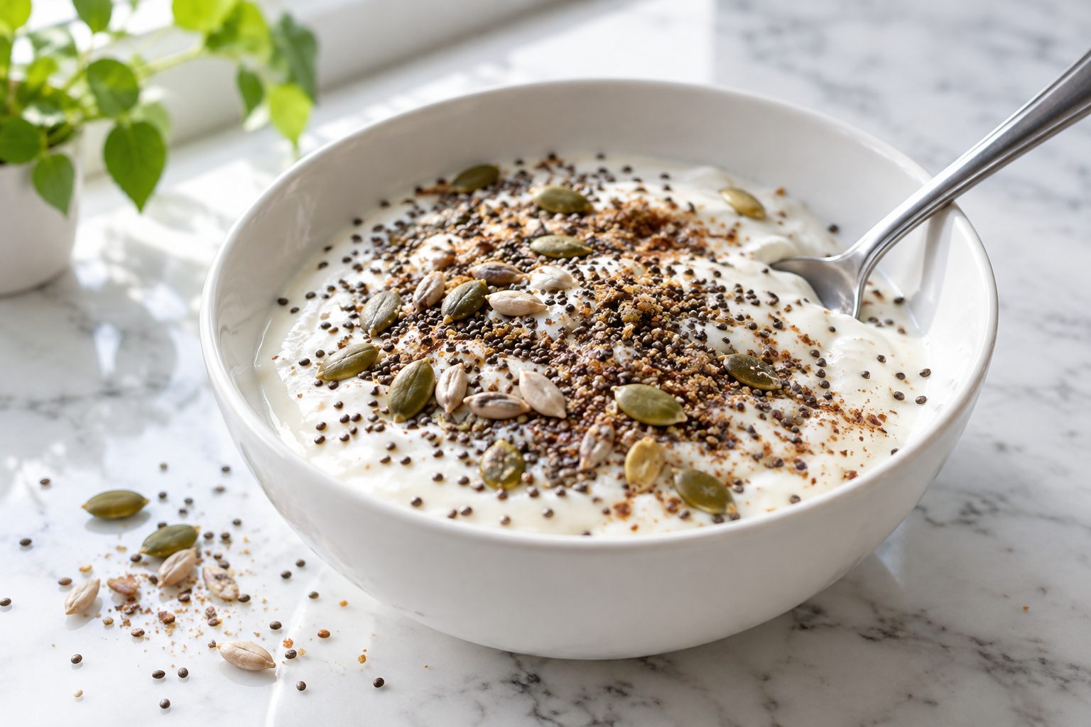 A bowl of yogurt topped with chia seeds, ground flaxseed, pumpkin and sunflower seeds