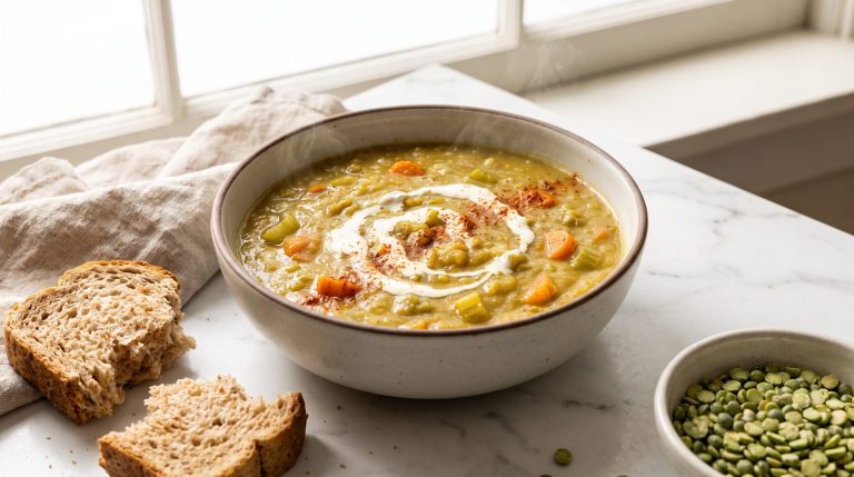 A bowl of thick split pea soup with carrot and celery, a swirl of cream and smoked paprika, wholemeal bread beside it