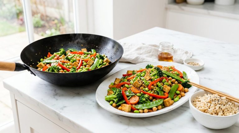 Wok and platter of vegetable stir fry with edamame, chickpeas, tofu, broccoli, snow peas and red pepper, with a bowl of brown rice