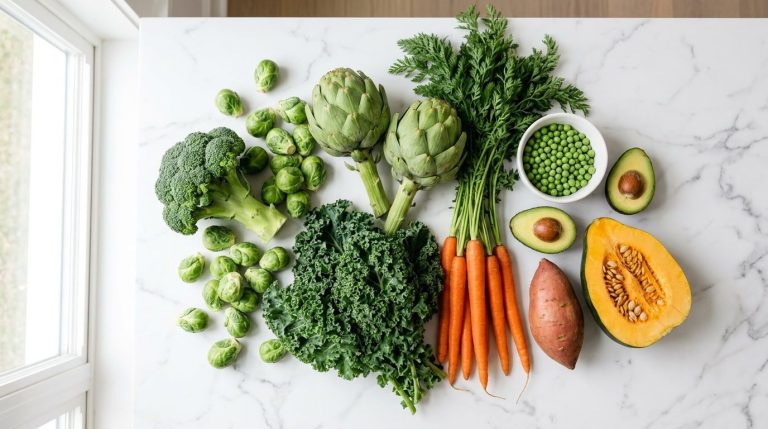 Broccoli, Brussels sprouts, artichokes, kale, carrots, green peas, avocado, sweet potato and acorn squash on a white marble counter