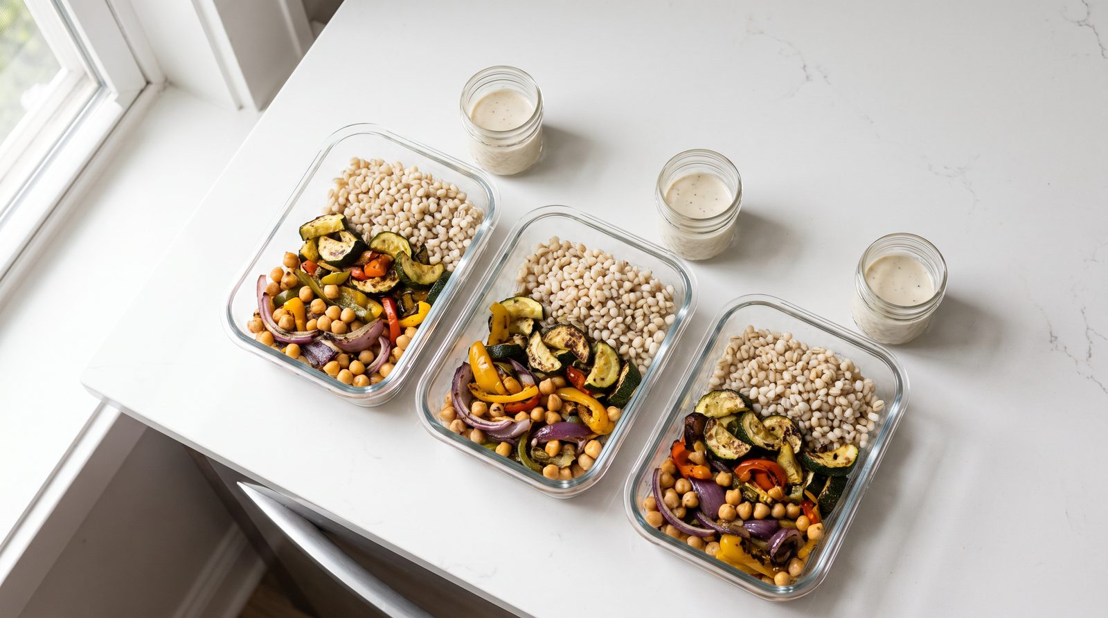 Three glass meal prep containers packed with pearl barley, roasted vegetables and chickpeas with jars of dressing