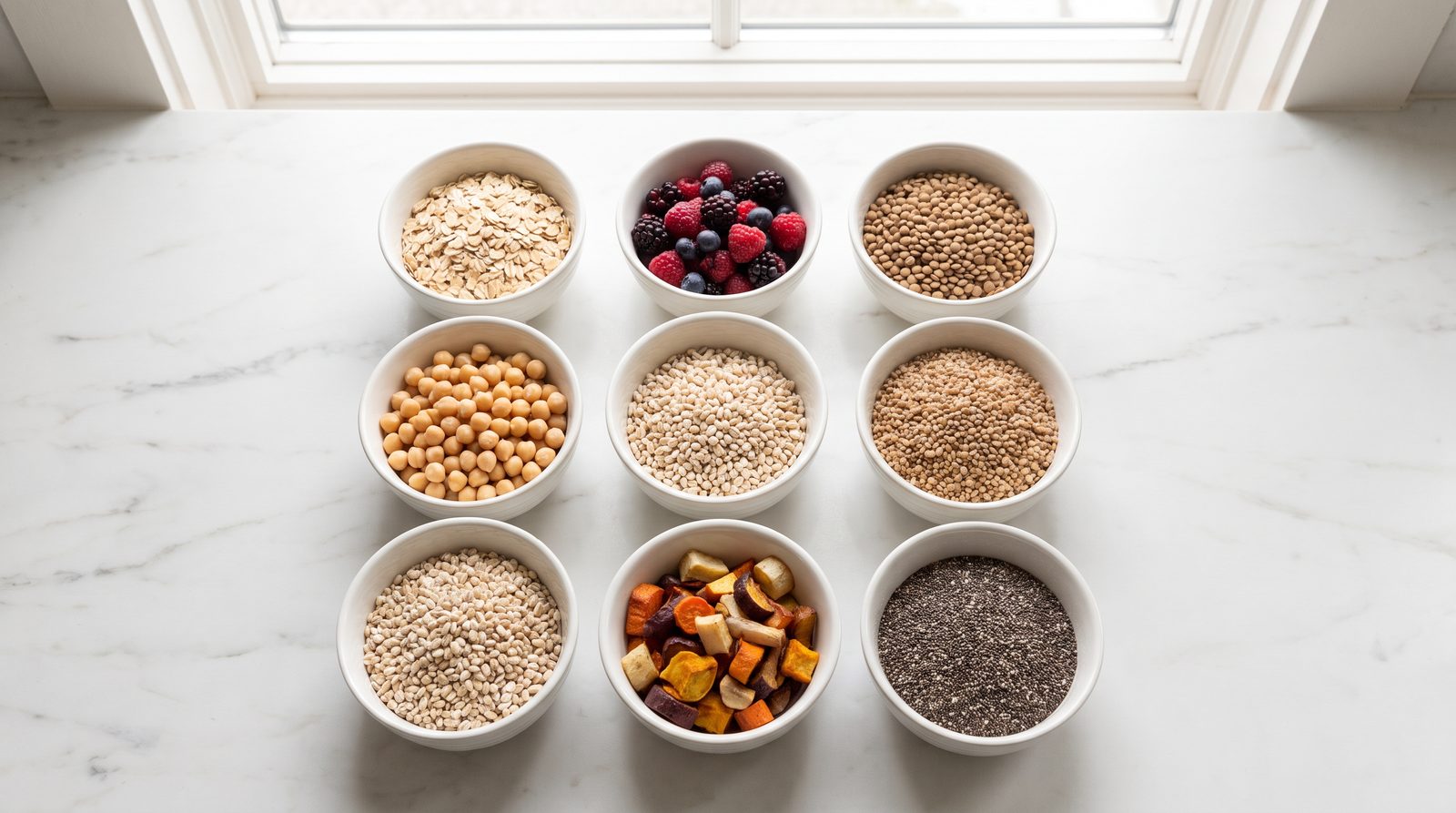 Seven small bowls of high fiber components on white marble: oats, berries, lentils, chickpeas, barley, roasted vegetables and chia seeds