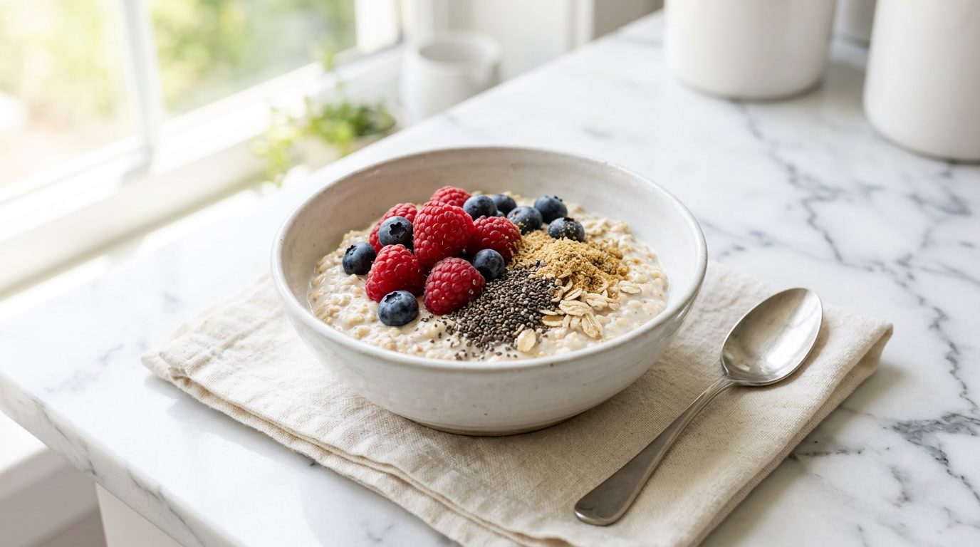 Bowl of oatmeal topped with raspberries, blueberries, chia seeds and ground flaxseed
