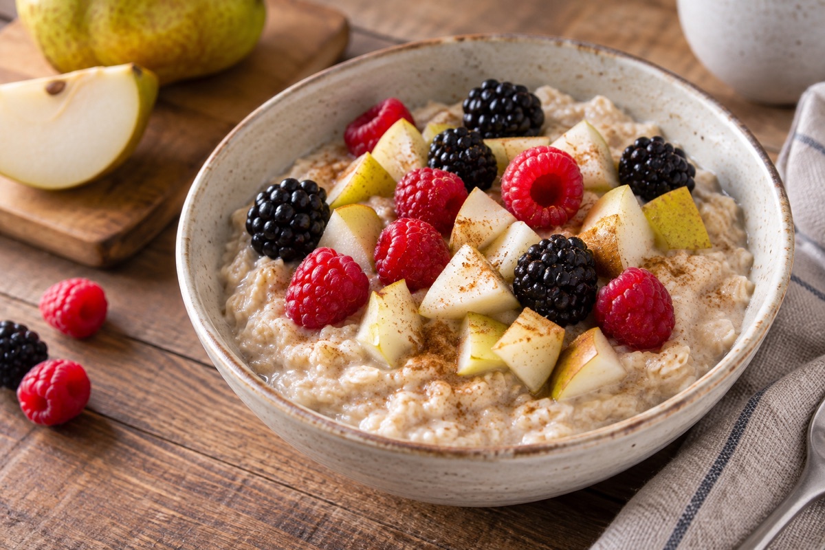 Oatmeal with pear, raspberries and blackberries