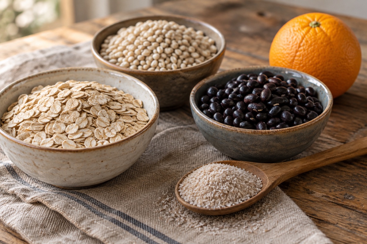 Oats, barley, black beans, psyllium and an orange