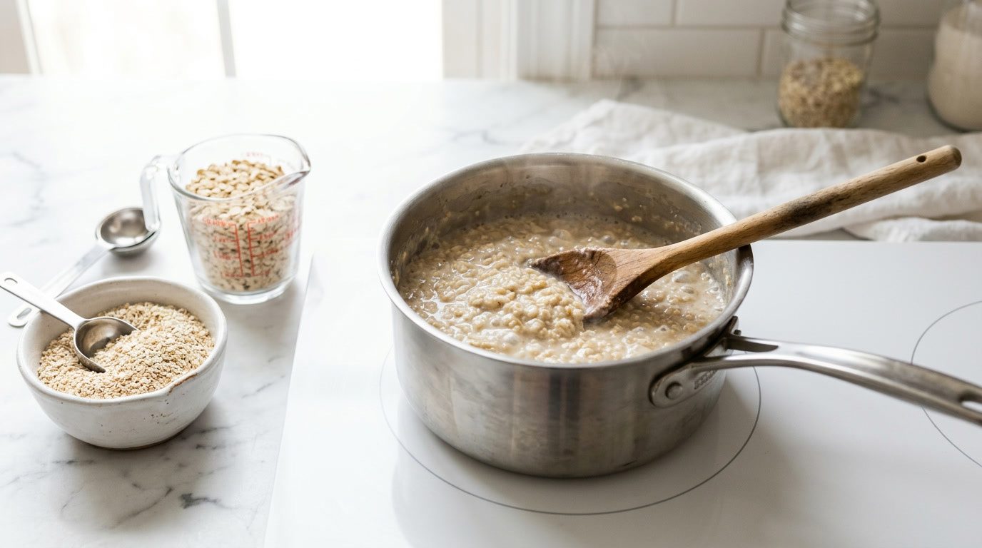 Rolled oats and oat bran simmering into porridge in a saucepan beside bowls of dry oats and oat bran