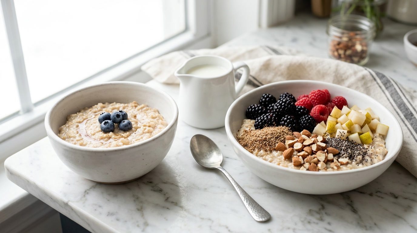 A plain bowl of oatmeal beside a bowl topped with blackberries, raspberries, diced pear, ground flaxseed, chia and almonds