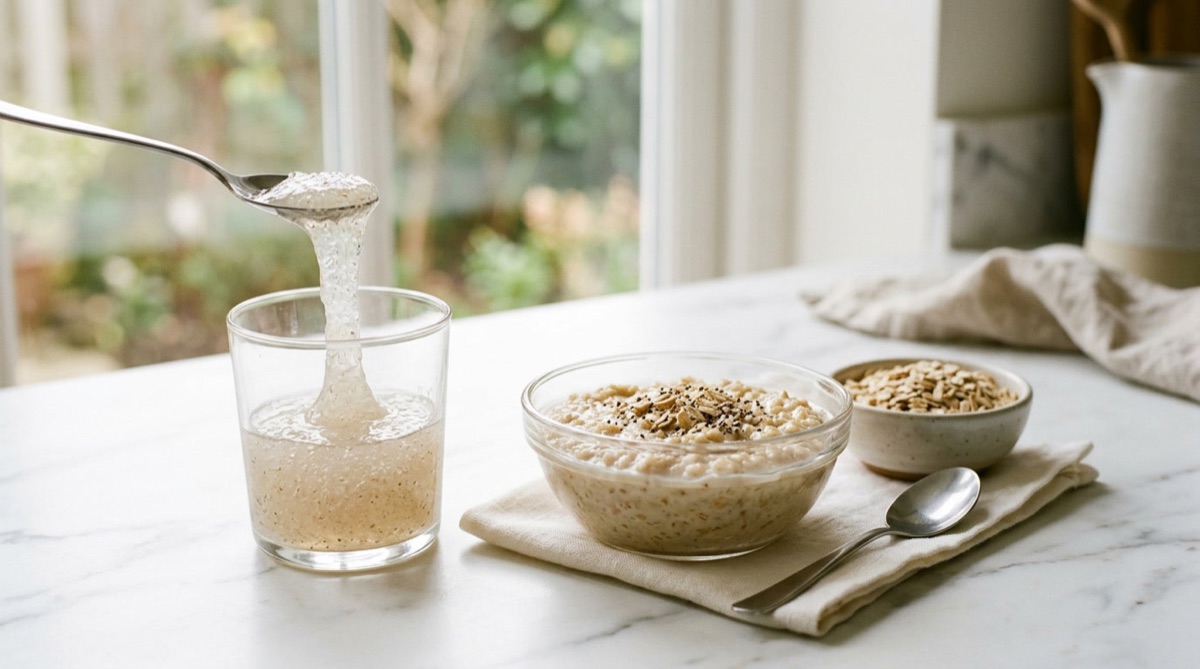 Psyllium thickening a glass of water into a gel beside a bowl of oat porridge