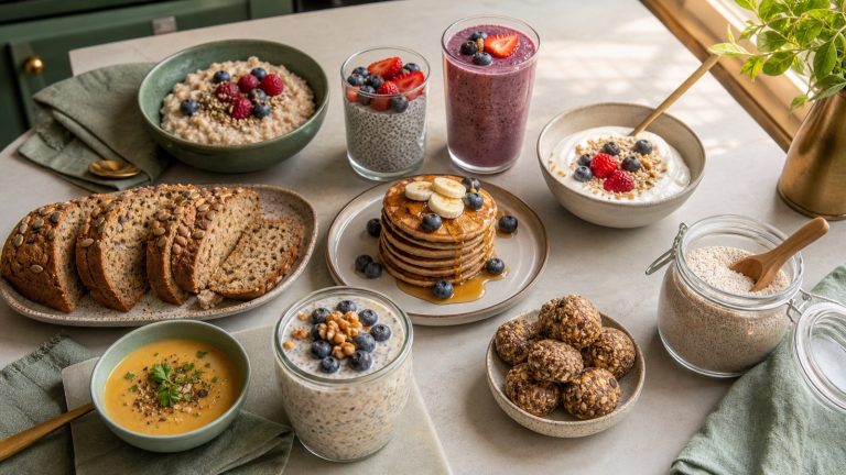 Ten simple foods made with psyllium husk, including oatmeal, chia pudding, smoothie, yogurt, pancakes, bread, soup and oat bites