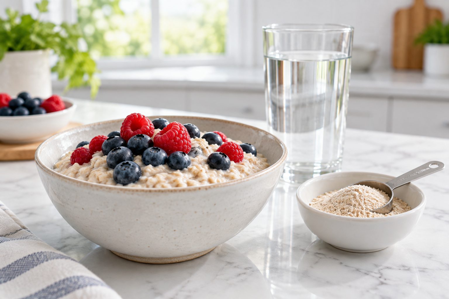 A bowl of creamy berry oatmeal beside a small dish of psyllium husk and a glass of water
