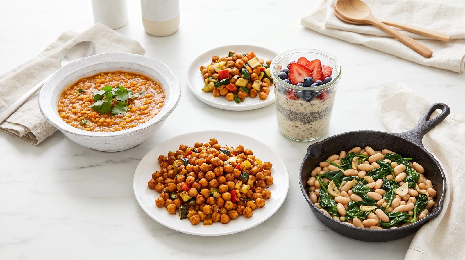 Four finished high fiber dishes: red lentil dal, roasted chickpeas, overnight oats with berries and a skillet of white beans with spinach
